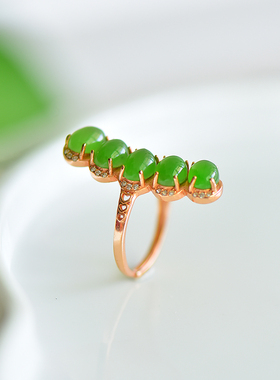 s925银镶嵌新疆和田玉阳绿碧玉凤尾戒指简约时尚气质指环戒圈