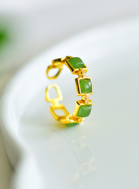 s925银古法镶嵌新疆和田玉碧玉方形七星戒指简约时尚指环戒圈