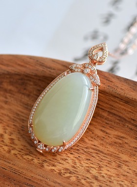 S925银镶嵌和田玉白玉蛋形玉石吊坠挂件时尚气质女款玉坠项链