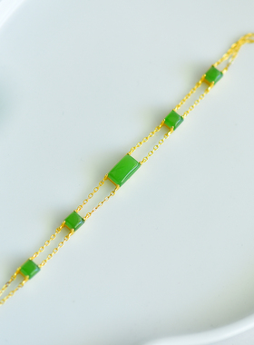 s925银古法镶嵌和田玉碧玉方形玉石手链时尚百搭女士款手串手链