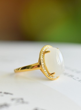 s925银镶嵌新疆和田玉白玉蛋面玉戒指简约时尚女指环戒圈饰品