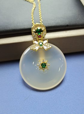 天然高冰种玉髓镶嵌平安扣款吊坠挂件时尚简约女士款玉坠项链