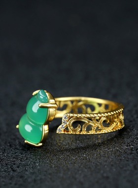 s925银古法镶嵌高冰玉髓葫芦玉戒指简约时尚女款指环戒圈饰品