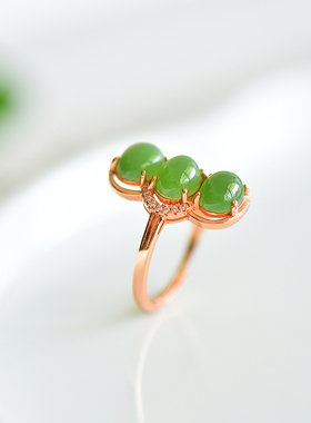 s925银镶嵌新疆和田玉碧玉凤尾蛋形玉戒指简约时尚百搭女指环