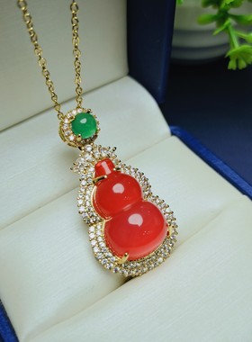 天然冰彩玛瑙玉髓中国红色葫芦吊坠锁骨项链挂件时尚女款玉坠项链