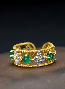 24k镀金古法镶嵌和田玉冰种玉髓开口简约时尚女戒指指环饰品