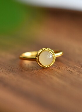 s925银镶嵌和田玉白玉半圆蛋面戒指简约时尚百搭指环戒圈饰品