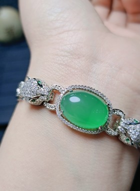 天然冰彩玉髓镶嵌豹子头款手牌女手链手串手饰品时尚简约一条