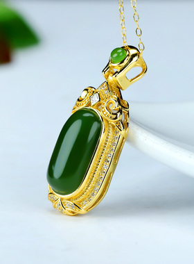 S925银和田玉碧玉长方形玉石吊坠挂件时尚气质女士款玉坠项链