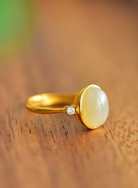 s925银镶嵌新疆和田玉白玉蛋面椭圆戒指简约时尚指环戒圈饰品