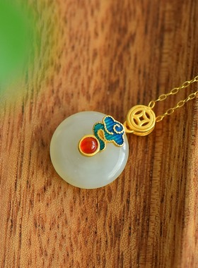 S925银和田玉白玉祥云平安扣玉石吊坠挂件时尚气质女玉坠项链