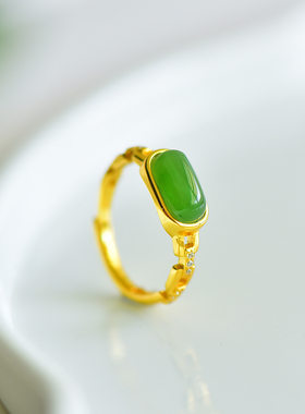 s925银镶嵌新疆和田玉碧玉马鞍方形戒指玉戒简约时尚指环戒圈