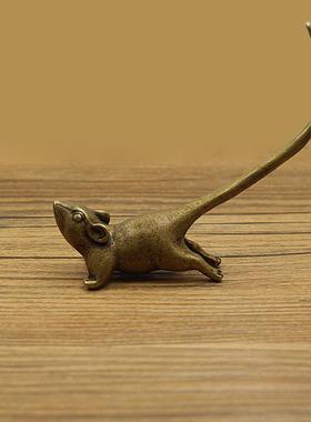 创意复古做旧黄铜摆件 长尾巴小老鼠 黄铜葫芦茶宠笔架古玩纪念品