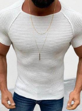 2025春夏欧美新款纯色短袖针织衫男士圆领修身T恤潮Men's T-S