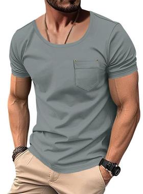 2025夏季新款男士纯色大U领T恤透气宽松短袖上衣Men's Shirts