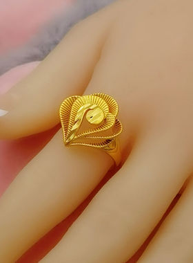 【48小时发货】越南沙金孔雀牡丹花爱心女戒指环气质镀金饰品开口