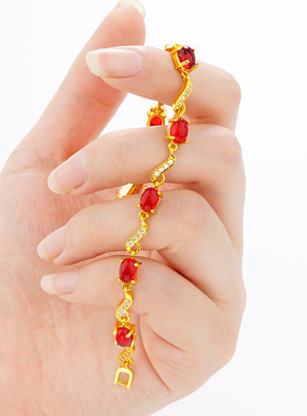 沙金气质手链女镀金镶红绿宝石手环品仿黄金色手饰百搭送妈妈礼物
