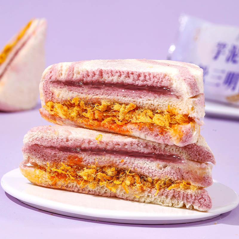 芋泥肉松三明治彩虹香芋无边吐司面包整箱早餐小零食休闲食品小吃 - 图3