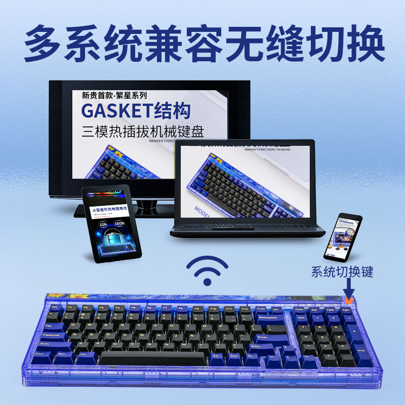 新贵GM980三模机械键盘热插拔Gasket结构98配列透明客制化键盘 - 图1