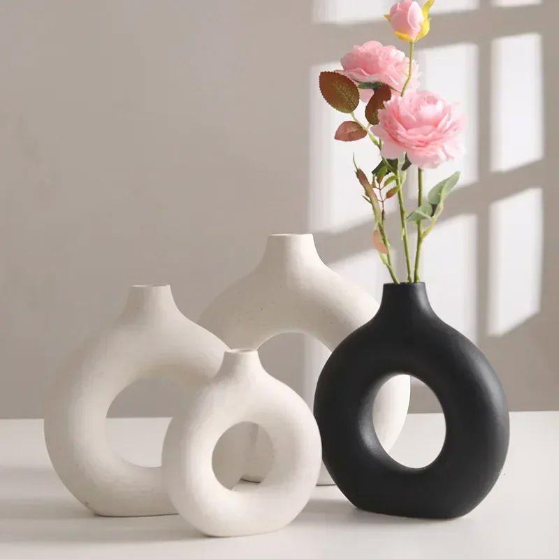 Nordic Vase Circular Hollow Ceramic Donuts Flower Pot Home L - 图2