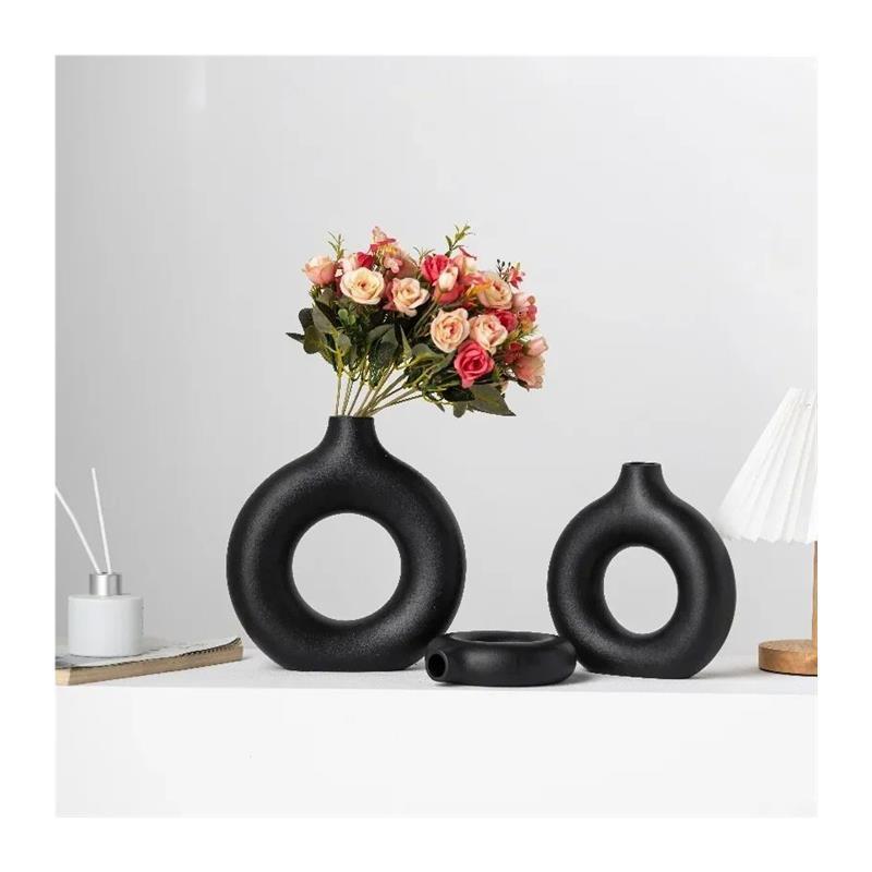 Nordic Vase Circular Hollow Ceramic Donuts Flower Pot Home L - 图3