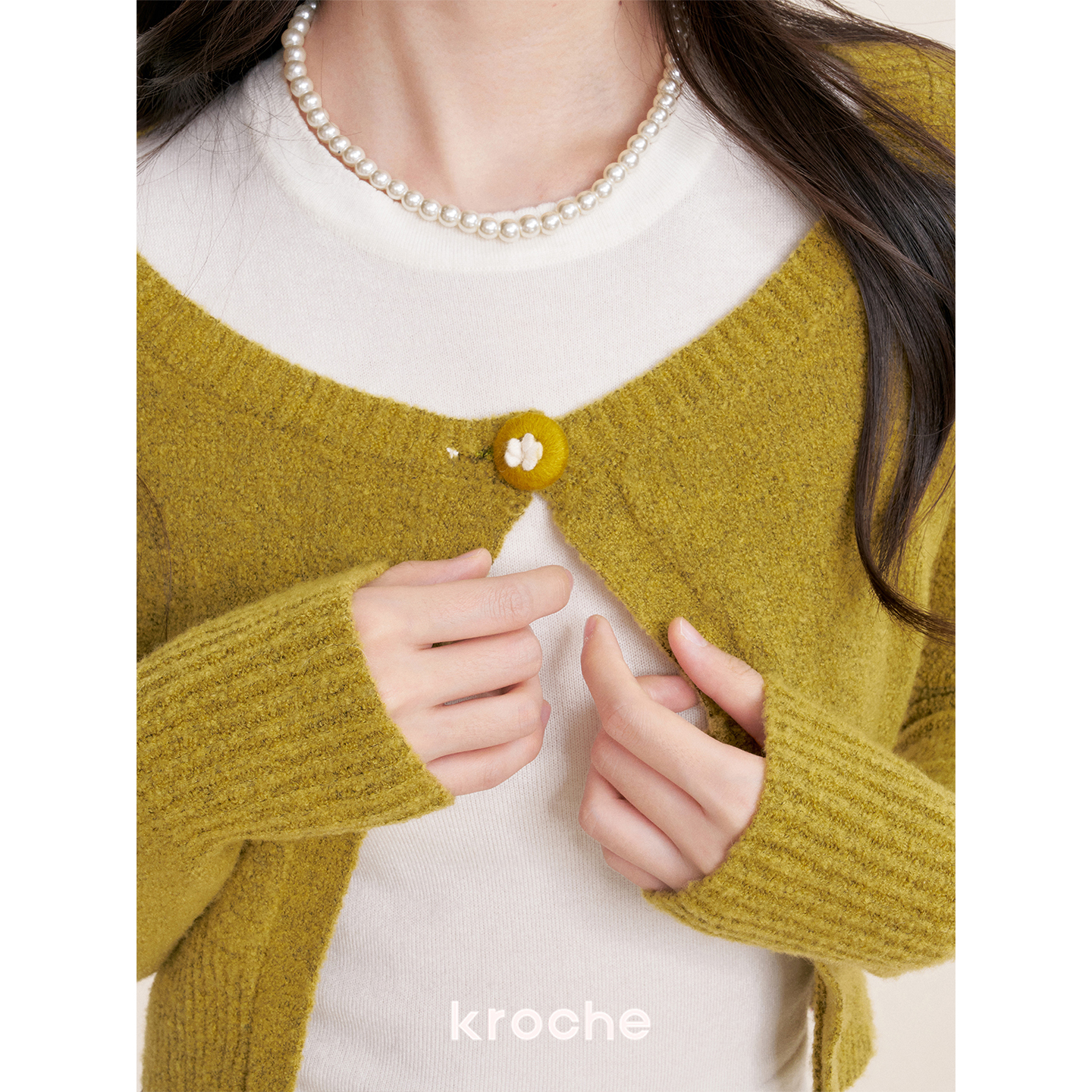 Kroche 25aw 苔藓日记 羊绒羊毛 手钩一粒扣圆领针织开衫小外套 - 图1