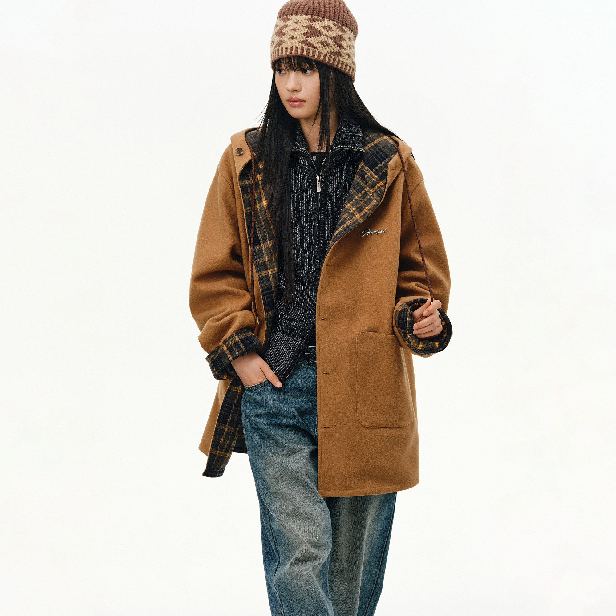 ATRY格纹双面穿毛呢大衣男秋冬保暖复古设计感中长款毛呢连帽外套,淘宝优惠券,粉丝福利购,淘宝优惠卷