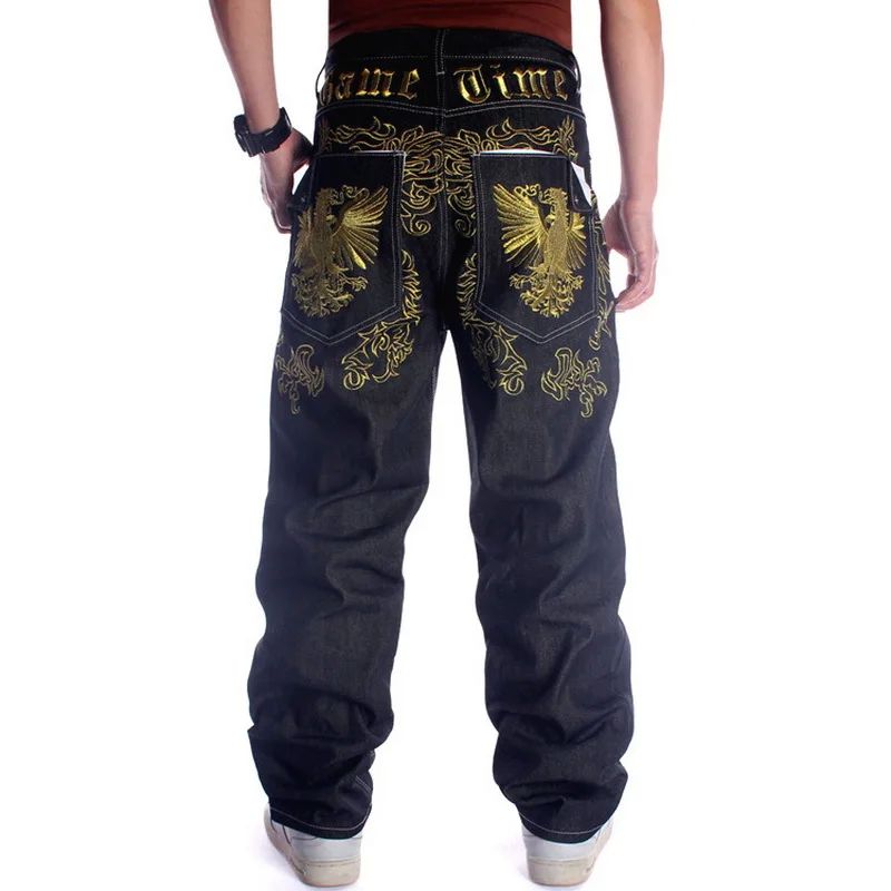 Street Dance Wide Legs Baggy Jeans Men Fashion Embroidery Bl-图2