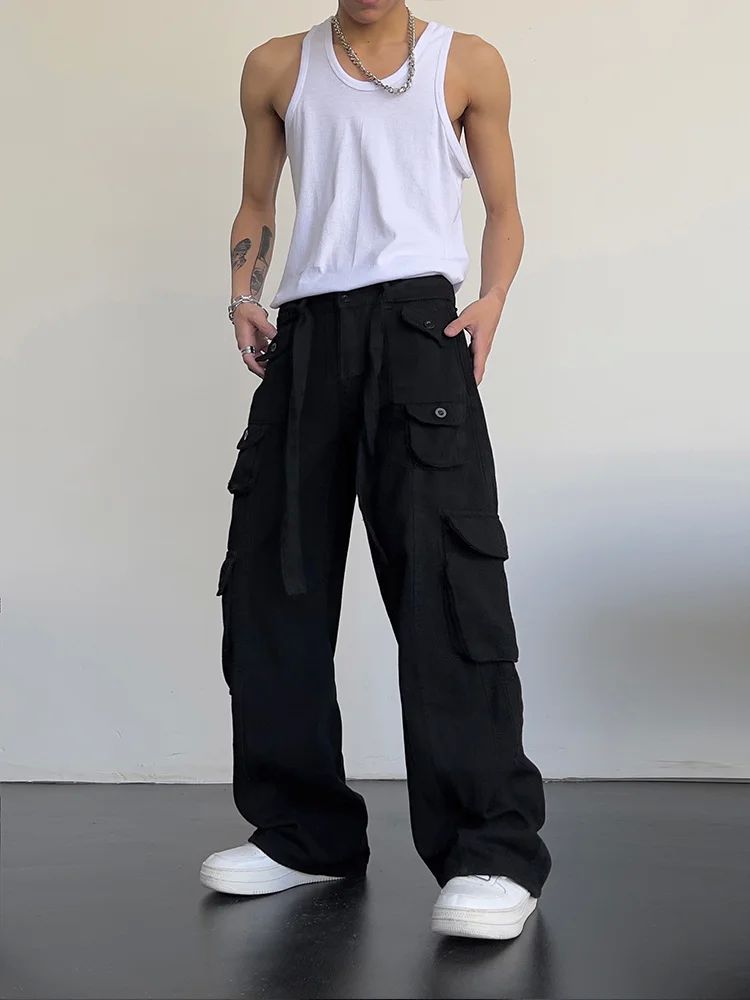 High street retro casual large pocket overalls men's and wom - 图0