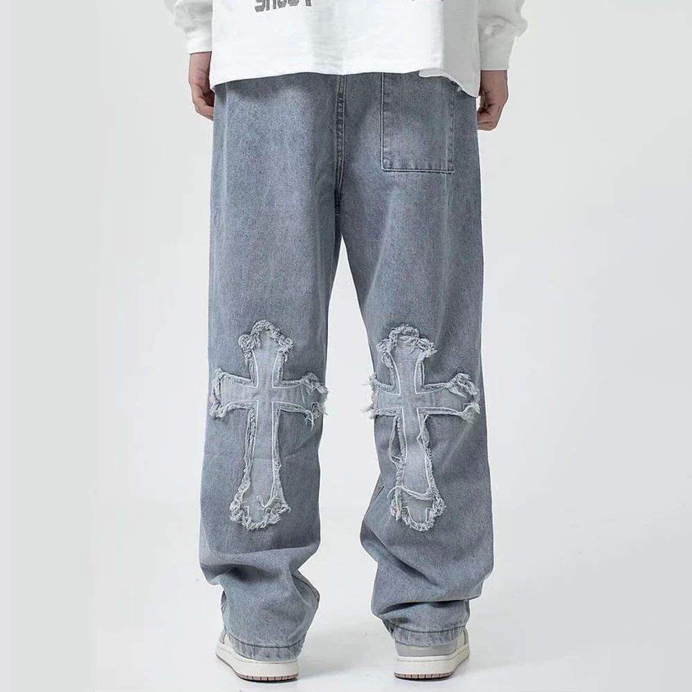 Fashion Trousers Cross Denim Pants Streetwear Hip Hop Low Ri-图1