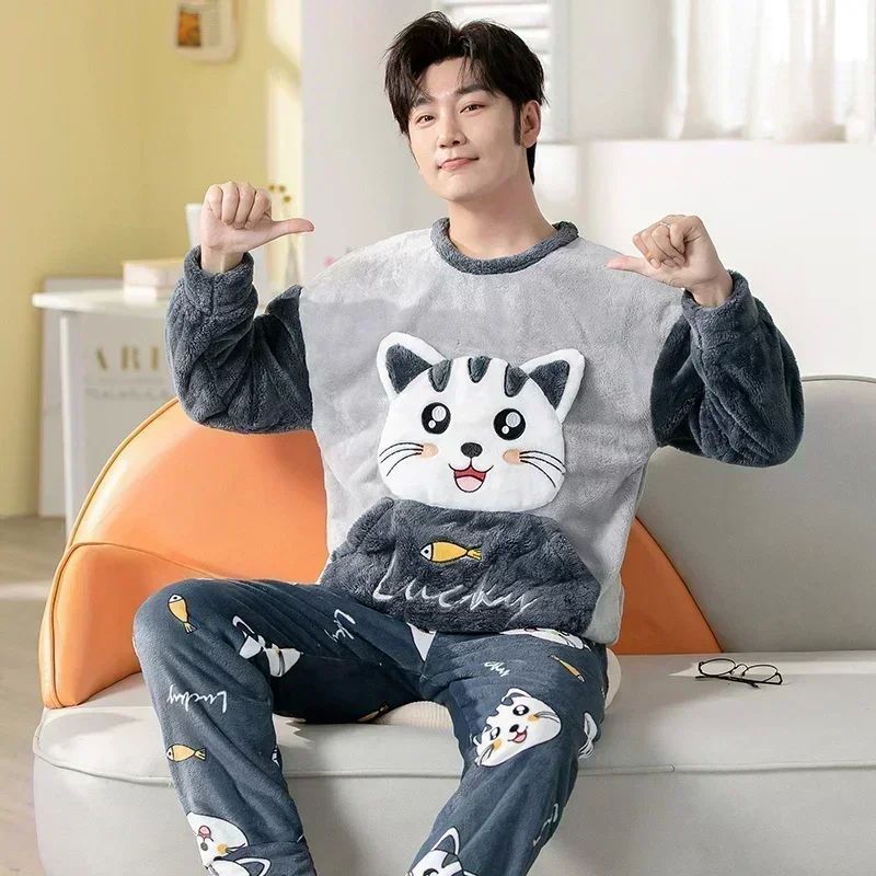 Winter Long Sleeve Thick Warm Flannel Pajama Sets for Men Co - 图2