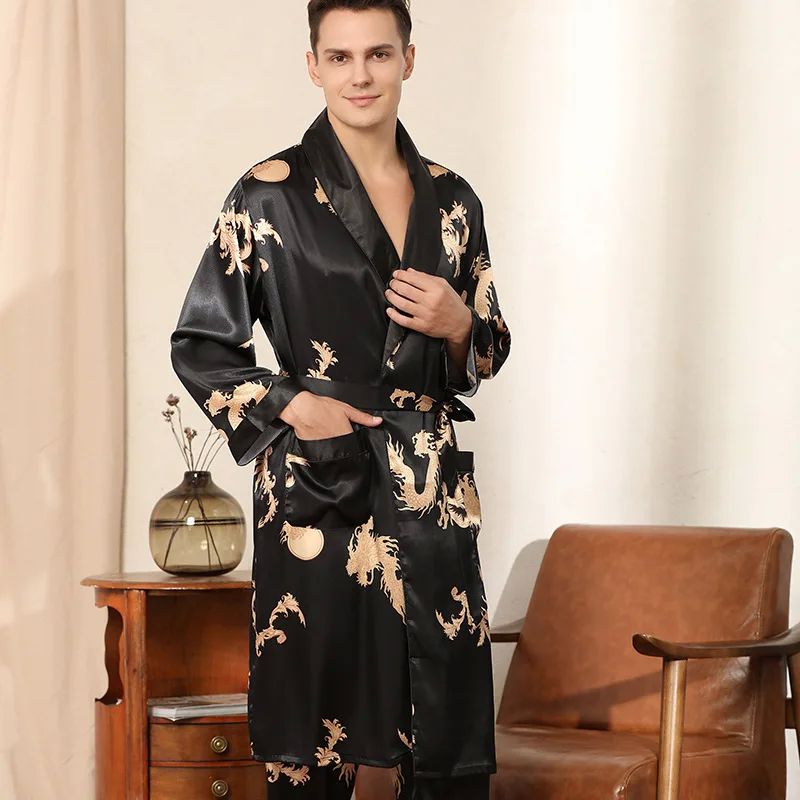 Male Satin Sleepwear Robe&Pants Dargon Pajamas Set Print Men - 图2