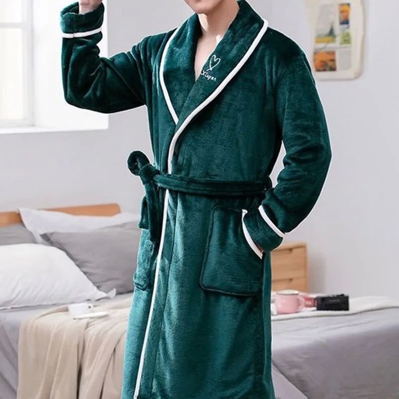 Men Bathrobe Fleece Mens Bath Robe Man Winter Warm Casual Fl - 图1