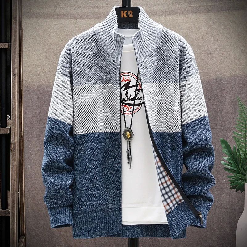 Winter Men Sweater Add Velvet Cardigan Patchwork Color Stand - 图1