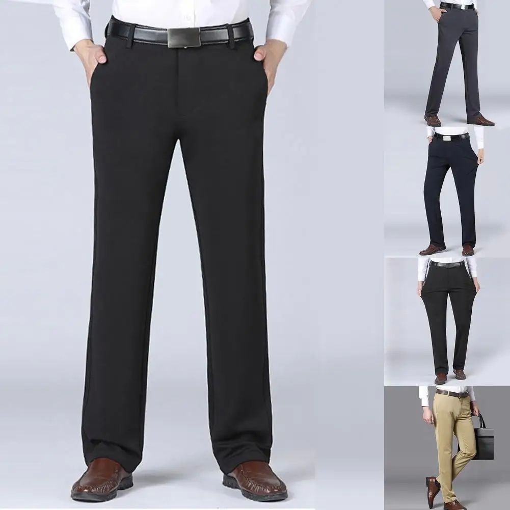 Men Pants Solid Color Stretchy Spring Autumn Mid Waist Strai - 图1