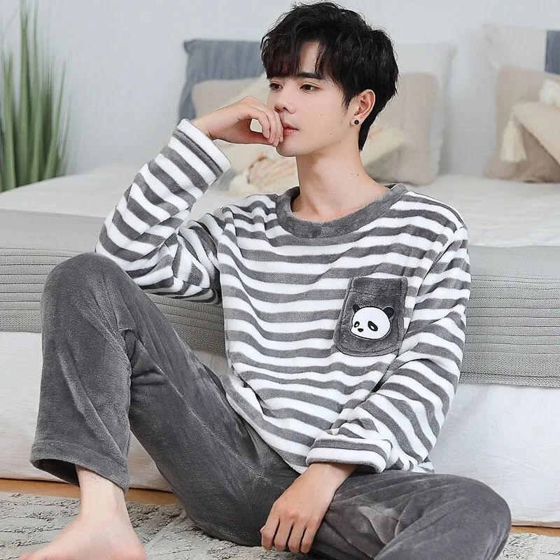 Men Thicken Warm Flannel Pajamas Set Male Long Sleeved Carto - 图3