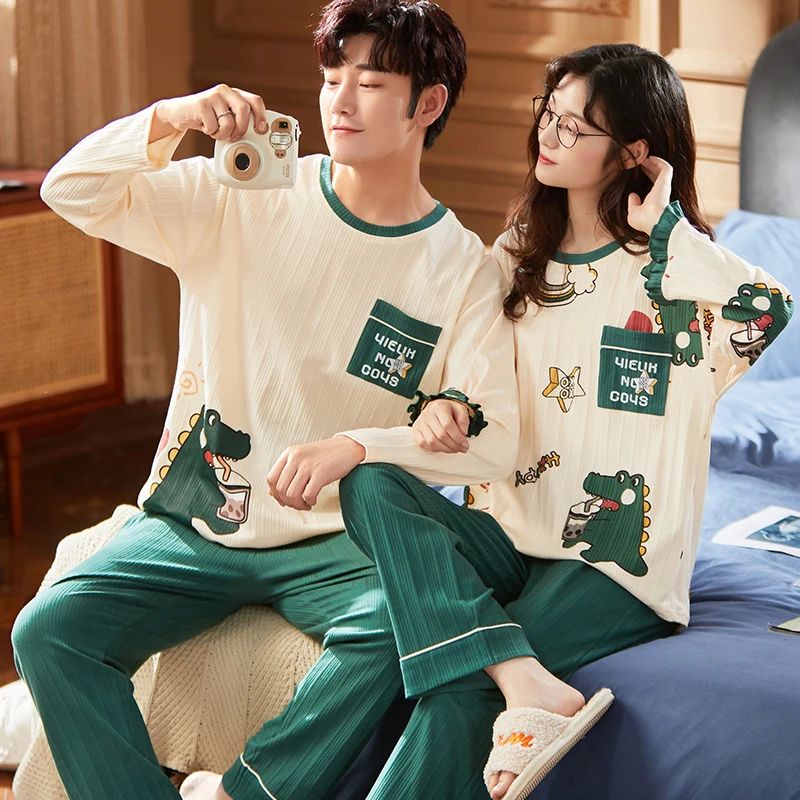 Dinosaur Cartoon Sleepwear Cotton Pajamas Couple Long Sleeve - 图0