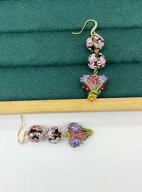 中古vintage穆拉诺琉璃印花紫色爱心花朵复古优雅项链耳坠饰品