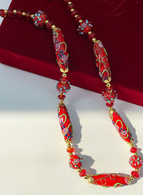 中古vintage红色穆拉诺蛋糕手烧琉璃毛衣链意大利老奶奶项链配饰