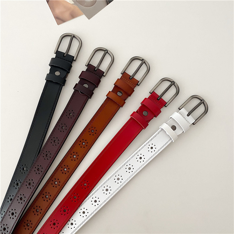 免打孔真皮皮带女ins潮高级感裤带男百搭女士牛仔裤腰带全孔装饰 - 图0