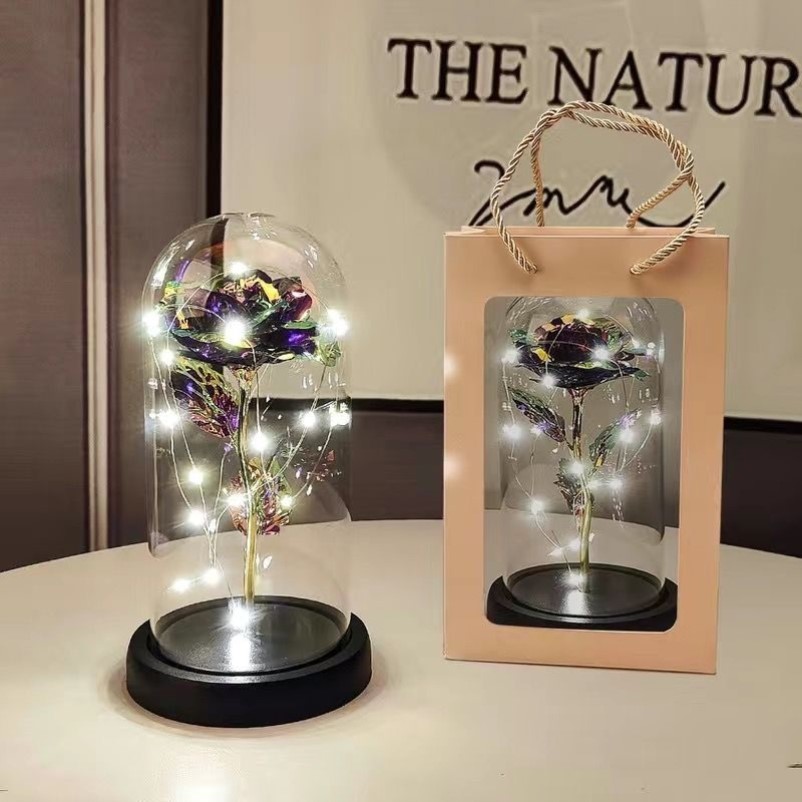 520 Preserved Flower Plastic Cover Rose Flower Gold Foil Flower Chinese Valentine's Day Holiday Gift Transparent Glitter