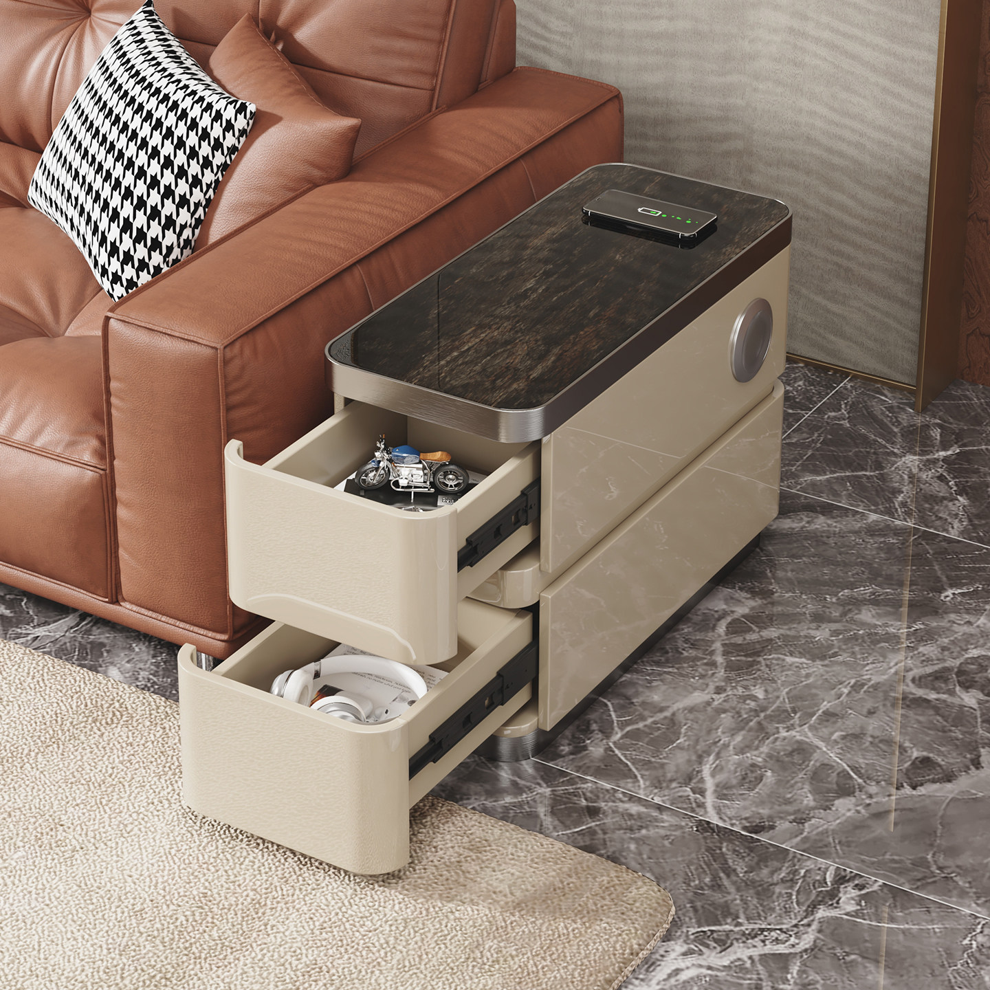 意式轻奢沙发侧边柜客厅实木烤漆高级感可移动岩板充电边几小桌子,淘宝优惠券,粉丝福利购,淘宝优惠卷