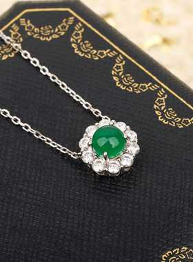 彩宝系列-翡翠项链925纯银满钻锁骨链复古气质祖母绿精致吊坠颈链
