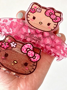 HelloKitty黑皮可爱粉色豹纹抓夹Kitty猫闪粉亚克力y2k发夹女发饰