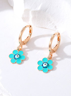 Enamel Star Flower Turkish Evil Eye Hoop Earrings For Women