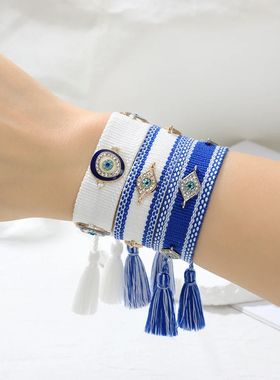 Woven Bracelets Evil Eyes Stackable Wrap Fabric Bracelets