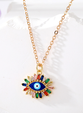 Copper Crystal Boho Evil Eye Necklace For Women Colorful