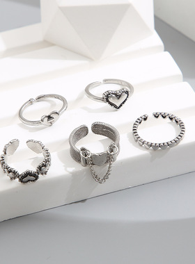Korea Punk Love Heart Ring Set 5pcs Personality Temperament