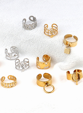 Stainless Steel Ring Gold Color Wide Ring with Circle Rings