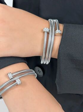 Layered Thin Coil Stainless Steel Bangle Bracelet Women's